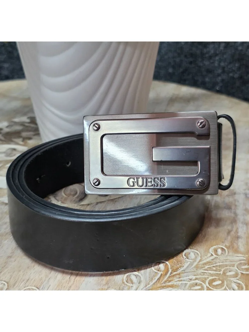 Guess Black Genuine Leather G Logo Plaque Belt Silver Buckle Size 38 Casual Mod